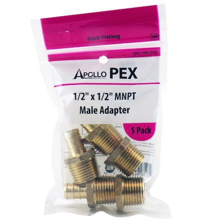 Apollo 1/2 in. Brass PEX Barb x 1/2 in. Male Pipe Thread Adapter (5-Pack), 5PK APXMA125PK